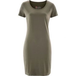 Sukienka shirtowa ze stretchem, krótki rękaw bonprix ciemnooliwkowy. Zielone sukienki damskie bonprix, bez wzorów, bez kołnierzyka, z krótkim rękawem, krótkie, mini. Za 37,99 zł.