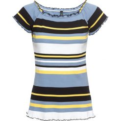 Shirt w prążek bonprix czarno-żółto-niebiesko-biały w paski. Czarne koszulki damskie bonprix, w paski, bez kołnierzyka. Za 44,99 zł.