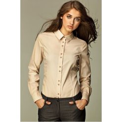Beżowa koszula z podwójnymi guzikami. Brązowe koszule damskie NIFE, xl, bez wzorów, z bawełny, eleganckie, z kontrastowym kołnierzykiem, bez rękawów. Za 139,00 zł.