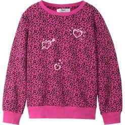 Bluza dresowa bonprix fuksja z nadrukiem. Różowe bluzy dziewczęce bonprix, z nadrukiem, z bawełny, eleganckie, bez rękawów, bez kaptura. Za 37,99 zł.