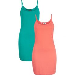 Sukienka (2 szt.) bonprix łososiowy pomarańczowy + szmaragdowy. Pomarańczowe sukienki damskie bonprix, bez wzorów, bez kołnierzyka, bez rękawów. Za 55,98 zł.