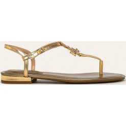 Lauren Ralph Lauren - Sandały skórzane. Żółte klapki damskie Lauren Ralph Lauren, bez wzorów, ze skóry, bez obcasa, na obcasie. W wyprzedaży za 369,90 zł.