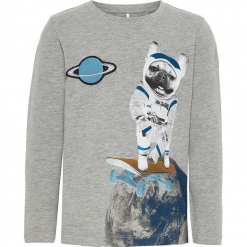 Koszulka "Racko" w kolorze szarym. Szare t-shirty chłopięce z długim rękawem Name it Kids, z aplikacjami, z bawełny. W wyprzedaży za 32,95 zł.