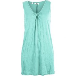 Długi top z kreszowanego materiału bonprix pastelowy miętowy. Zielone bluzki damskie bonprix, bez wzorów, bez kołnierzyka, z długim rękawem. Za 42,99 zł.