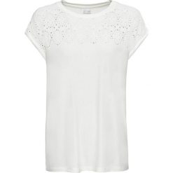 Shirt z ażurowym haftem bonprix biel wełny. Białe koszulki damskie bonprix, z haftami, z wełny, klasyczne, z okrągłym kołnierzem, z krótkim rękawem. Za 74,99 zł.