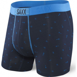 Bokserki męskie SAXX Vibe Navy Arrow. Niebieskie bokserki męskie Saxx, bez wzorów, z dzianiny. Za 94,34 zł.