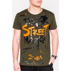 T-shirt męski z nadrukiem S1096 - khaki. Brązowe t-shirty męskie Ombre Clothing, s, z nadrukiem, z bawełny, bez kołnierzyka. Za 13,99 zł.