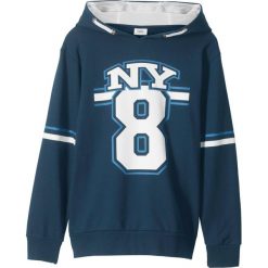 Bluza chłopięca z kapturem bonprix ciemnoniebiesko-biel wełny z nadrukiem. Niebieskie bluzy chłopięce bonprix, z nadrukiem, z wełny, bez rękawów, z kapturem. Za 49,99 zł.
