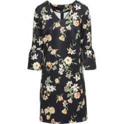 Sukienka neoprenowa z falbanami bonprix czarny z nadrukiem. Czarne sukienki damskie bonprix, z nadrukiem, z neoprenu, eleganckie, bez kołnierzyka, bez rękawów. Za 54,99 zł.