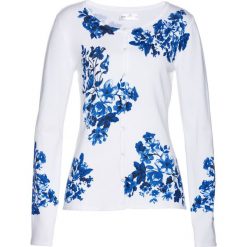 Sweter rozpinany w kwiaty bonprix biało-niebieski z nadrukiem. Niebieskie swetry damskie bonprix, z nadrukiem, bez rękawów, bez kaptura. Za 79,99 zł.