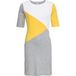Sukienka dresowa bonprix jasnoszary melanż - biały - żółty kanarkowy z nadrukiem. Szare sukienki damskie bonprix, z nadrukiem, z dresówki, sportowe, bez kołnierzyka, bez rękawów, sportowe. Za 109,99 zł.