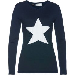 Sweter bonprix ciemnoniebiesko-kremowy. Niebieskie swetry damskie bonprix, bez wzorów, z żakardem, klasyczne, bez rękawów, bez kaptura. Za 89,99 zł.