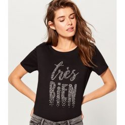 T-shirty damskie: Koszulka z kryształkowym napisem - Czarny