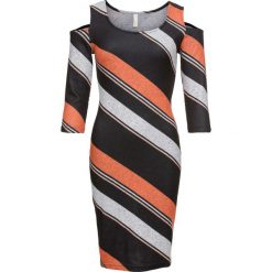 Sukienka w paski bonprix czarno-pomarańczowo-szary w paski. Czarne sukienki damskie marki bonprix, w paski, eleganckie, bez kołnierzyka, bez rękawów. Za 59,99 zł.
