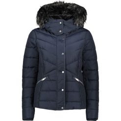 Kurtka zimowa w kolorze granatowym. Niebieskie kurtki damskie na zimę, m, z aplikacjami, z futra. W wyprzedaży za 339,95 zł.