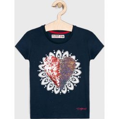 Desigual - Top dziecięcy 104-164 cm. Niebieskie bluzki dziewczęce Desigual, z nadrukiem, z bawełny, z okrągłym kołnierzem, z krótkim rękawem, krótkie, bez kaptura. W wyprzedaży za 129,90 zł.