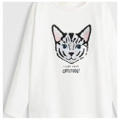 Mango Kids - Longsleeve dziecięcy Mystery 110-164 cm. Białe bluzki dziewczęce Mango Kids, z nadrukiem, z bawełny, z okrągłym kołnierzem, z długim rękawem, długie, bez kaptura. Za 45,90 zł.