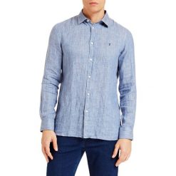 Trussardi Jeans koszula męska 43 niebieska. Niebieskie koszule męskie Trussardi Jeans, m, bez wzorów, z jeansu, bez kołnierzyka, bez rękawów. W wyprzedaży za 369,00 zł.