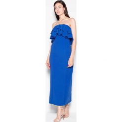 Niebieska Sukienka Długa Elegancka z Falbankami. Niebieskie sukienki damskie Molly.pl, na co dzień, s, bez wzorów, z materiału, eleganckie, z falbankami, z długim rękawem, długie, maxi, proste. Za 175,90 zł.