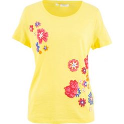 Shirt z krótkim rękawem i nadrukiem bonprix jasna limonka z nadrukiem. Żółte koszulki damskie bonprix, z nadrukiem, bez kołnierzyka, z krótkim rękawem. Za 44,99 zł.