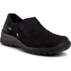 Półbuty RIEKER - L7154-00 Schwarz. Czarne półbuty damskie Rieker, na co dzień, bez wzorów, ze skóry, bez obcasa, na koturnie, bez zapięcia. Za 279,00 zł.