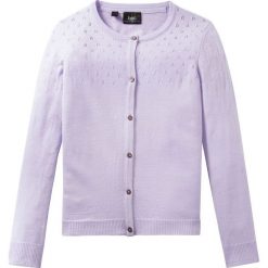 Sweter rozpinany w ażurowy wzór bonprix fiołkowy bez. Fioletowe swetry dziewczęce marki bonprix, z aplikacjami, bez kołnierzyka, bez rękawów, bez kaptura. Za 54,99 zł.