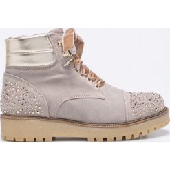 Marco Tozzi - Botki. Szare buty zimowe damskie marki Marco Tozzi, z materiału, z okrągłym noskiem, na obcasie, na sznurówki. W wyprzedaży za 219,90 zł.