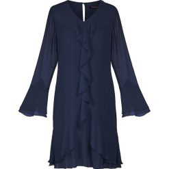 Granatowa sukienka z falbanami. Niebieskie sukienki damskie Vitovergelis, na imprezę, bez wzorów, eleganckie, z klasycznym kołnierzykiem, bez rękawów. Za 549,00 zł.