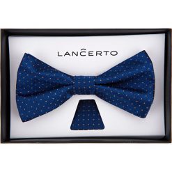 Mucha Granatowa w Żółte Kropki. Żółte muszki męskie LANCERTO, bez wzorów, z dzianiny, eleganckie. W wyprzedaży za 39,90 zł.