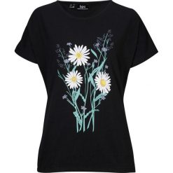 Shirt bawełniany z gumką i nadrukiem, krótki rękaw bonprix czarny w kwiaty. Czarne koszulki damskie bonprix, z nadrukiem, z bawełny, bez kołnierzyka, z krótkim rękawem. Za 49,99 zł.
