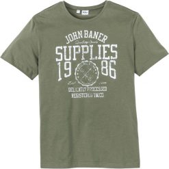 T-shirt z nadrukiem Regular Fit bonprix oliwkowy. Zielone koszulki męskie bonprix, s, z nadrukiem, bez kołnierzyka, bez rękawów. Za 34,99 zł.