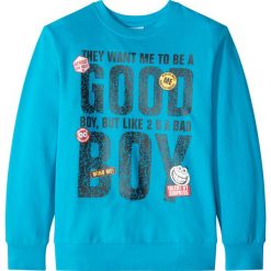 Bluza "college" bonprix turkusowy. Niebieskie bluzy chłopięce marki bonprix, z nadrukiem. Za 32,99 zł.