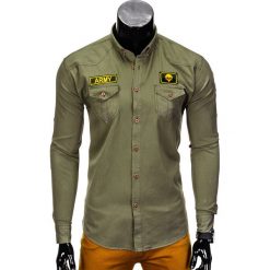 KOSZULA MĘSKA Z DŁUGIM RĘKAWEM K361 - KHAKI. Brązowe koszule męskie marki Ombre Clothing, s, z aplikacjami, eleganckie, z kontrastowym kołnierzykiem, z długim rękawem. Za 79,00 zł.