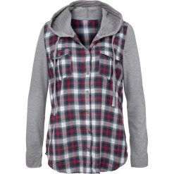 Bluzka w kratę z rękawami dzianinowymi i kapturem bonprix ciemnoniebieski w kratę. Niebieskie bluzki z odkrytymi ramionami bonprix, z dżerseju, z kapturem. Za 37,99 zł.