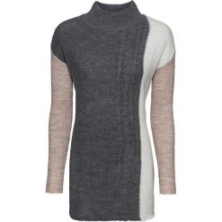 Sweter dzianinowy bonprix beżowy melanż - antracytowy melanż - biel wełny melanż. Brązowe swetry damskie bonprix, bez wzorów, z wełny, z długim rękawem, długie, bez kaptura. Za 59,99 zł.