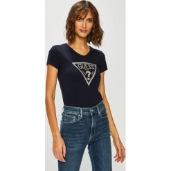 Guess Jeans - Top. Czarne topy damskie Guess Jeans, l, z aplikacjami, z bawełny, z okrągłym kołnierzem. Za 139,90 zł.