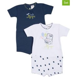 Rampersy (2 szt.) w kolorze granatowo-białym. Niebieskie body niemowlęce Absorba & DIM, z nadrukiem, z bawełny, bez rękawów. W wyprzedaży za 32,95 zł.