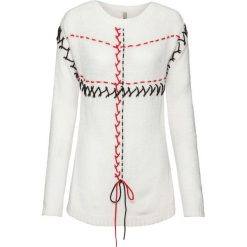 Sweter ze sznurowaniem bonprix biel wełny - czerwono-biały. Czarne swetry klasyczne damskie marki bonprix, z dzianiny, ze sznurowanym dekoltem. Za 109,99 zł.