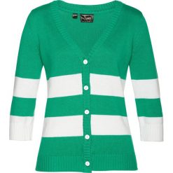 Sweter rozpinany bonprix szmaragdowo-biały. Zielone swetry damskie bonprix, bez wzorów, bez rękawów, bez kaptura. Za 74,99 zł.