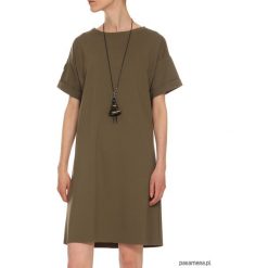 Sukienka khaki YY200050_RAL6007. Brązowe sukienki damskie Pakamera, na co dzień, bez wzorów, z materiału, klasyczne, z okrągłym kołnierzem, z krótkim rękawem, krótkie, midi, proste. Za 179,00 zł.