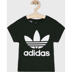 Adidas Originals - Top dziecięcy 104-128 cm. Czarne bluzki dziewczęce adidas Originals, z nadrukiem, z bawełny, z okrągłym kołnierzem, z krótkim rękawem, krótkie, bez kaptura. W wyprzedaży za 59,90 zł.