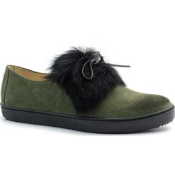 Welurowe slipony koloru khaki z czarnym futerkiem 224Z. Brązowe buty sportowe damskie Neścior, z wełny, eleganckie. W wyprzedaży za 179,00 zł.