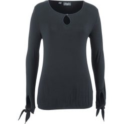 Shirt ze stretchem z ozdobnym elementem w rękawach bonprix czarny. Czarne koszulki damskie bonprix, bez wzorów, bez kołnierzyka. Za 24,99 zł.