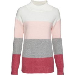 Sweter w szerokie paski bonprix biel wełny - pastelowy jasnoróżowy - jasnoszary melanż - pastelowy dymny różowy w paski. Białe swetry damskie bonprix, w paski, z wełny. Za 37,99 zł.