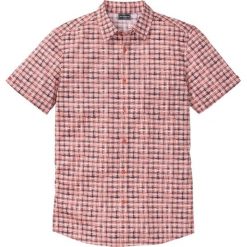 Koszula z krótkim rękawem Slim Fit bonprix dymny koralowy z nadrukiem. Różowe koszule męskie bonprix, xl, z nadrukiem, bez kołnierzyka, z krótkim rękawem. Za 32,99 zł.