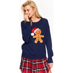 ŚWIĄTECZNY SWETER DAMSKI. Niebieskie swetry klasyczne damskie marki TROLL, na zimę, l, z aplikacjami, z dzianiny, wizytowe. W wyprzedaży za 39,99 zł.