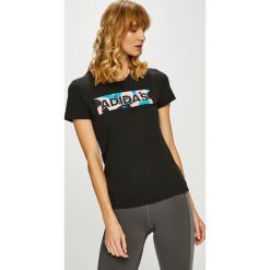 Adidas Performance - Top. Czarne topy damskie marki adidas Performance, s, z nadrukiem, z bawełny, z okrągłym kołnierzem. Za 99,90 zł.