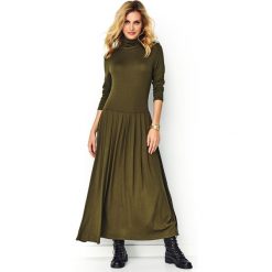 Sukienka maxi z rozcięciem khaki - 36. Brązowe sukienki damskie e-margeritka.pl, s, bez wzorów, z wiskozy, eleganckie, z długim rękawem, długie, bez kaptura. Za 159,99 zł.