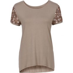 Shirt z cekinami bonprix brunatny. Pomarańczowe koszulki damskie marki bonprix, bez wzorów, z materiału, z okrągłym kołnierzem, z krótkim rękawem. Za 54,99 zł.