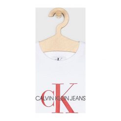 Calvin Klein Jeans - T-shirt dziecięcy 116-176 cm. Białe bluzki dziewczęce Calvin Klein Jeans, z nadrukiem, z bawełny, z okrągłym kołnierzem, z krótkim rękawem, krótkie, bez kaptura. W wyprzedaży za 119,90 zł.